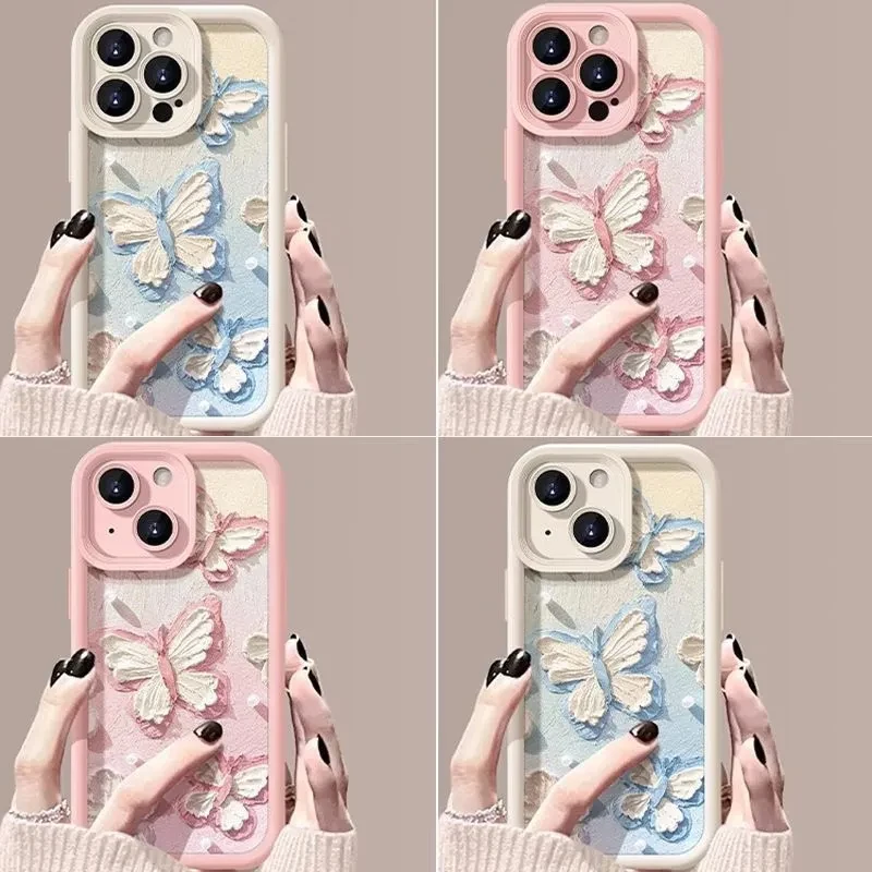 Simple Oil Painting Butterfly INS Blue Pink Phone Case For iPhone 16 15 14 13 12 11 Pro Max XR XS MAX 7 8 PLUS MINI Y2K Cover ﻿