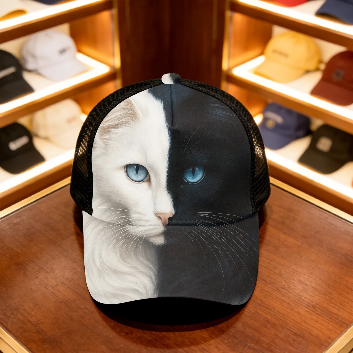 1pc Yin Yang Cat All-Season Baseball Cap Mesh Cap Snap Fastening Sunshade Hat for Casual Attire with a Durable Design
