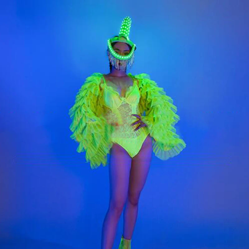 Nightclub Dj Ds Gogo Costume Fluorescent Green Cake Sleeve Bodysuit Set Exaggerated Horn Headwear Pole Festival Outfit XS4677