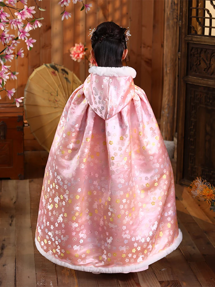 Cape chaude à manches longues pour fille Hanfu, manteau épais, rose à capuche, manteau de Style ancien, vêtements de scène du nouvel an pour enfants, hiver