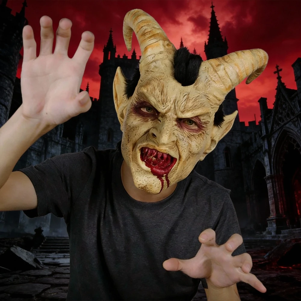 

Реалистичная латексная маска Люцифера на всю голову для Хэллоуина, ужасающий реквизит для косплея и киноперсонажей