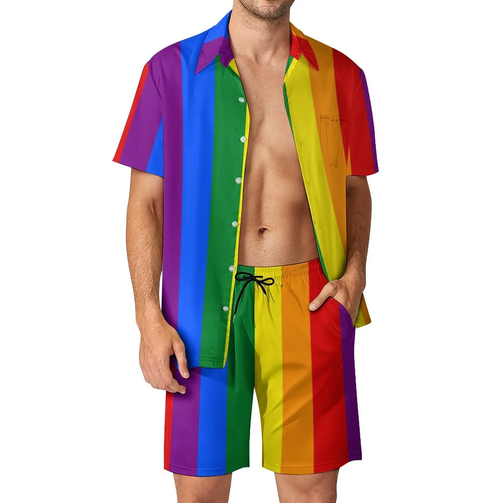 LGBT Rainbow Men Sets Gay Pride Flag Print Casual Shirt Set Hawaii Vacation Shorts Summer Suit 2 Piece Big Size 2XL 3XL