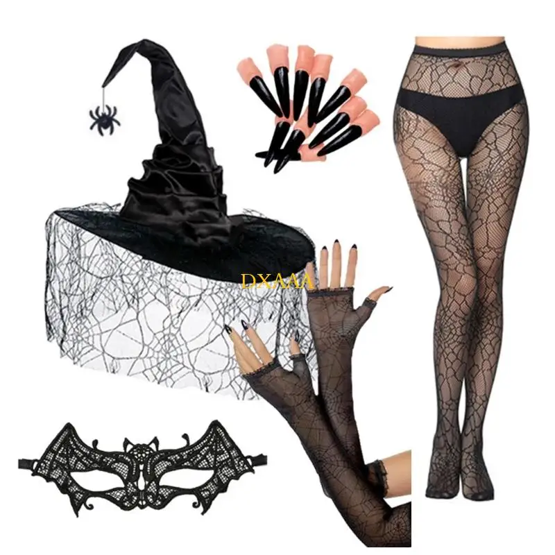 

DXAA Spiders Web Veil Witch Hat Costume Set With Gloves Arm Sleeves Lace Mask