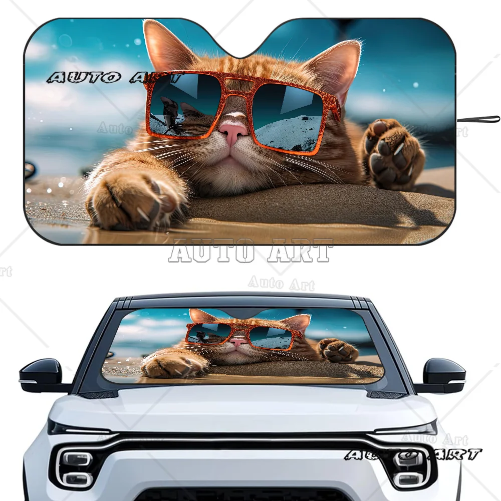 

Cat Perched on Beach Car SunShade Heat-insulating Aluminum Film Windshield Sunshades UV Rays Blocks Car Sun Visor Protector
