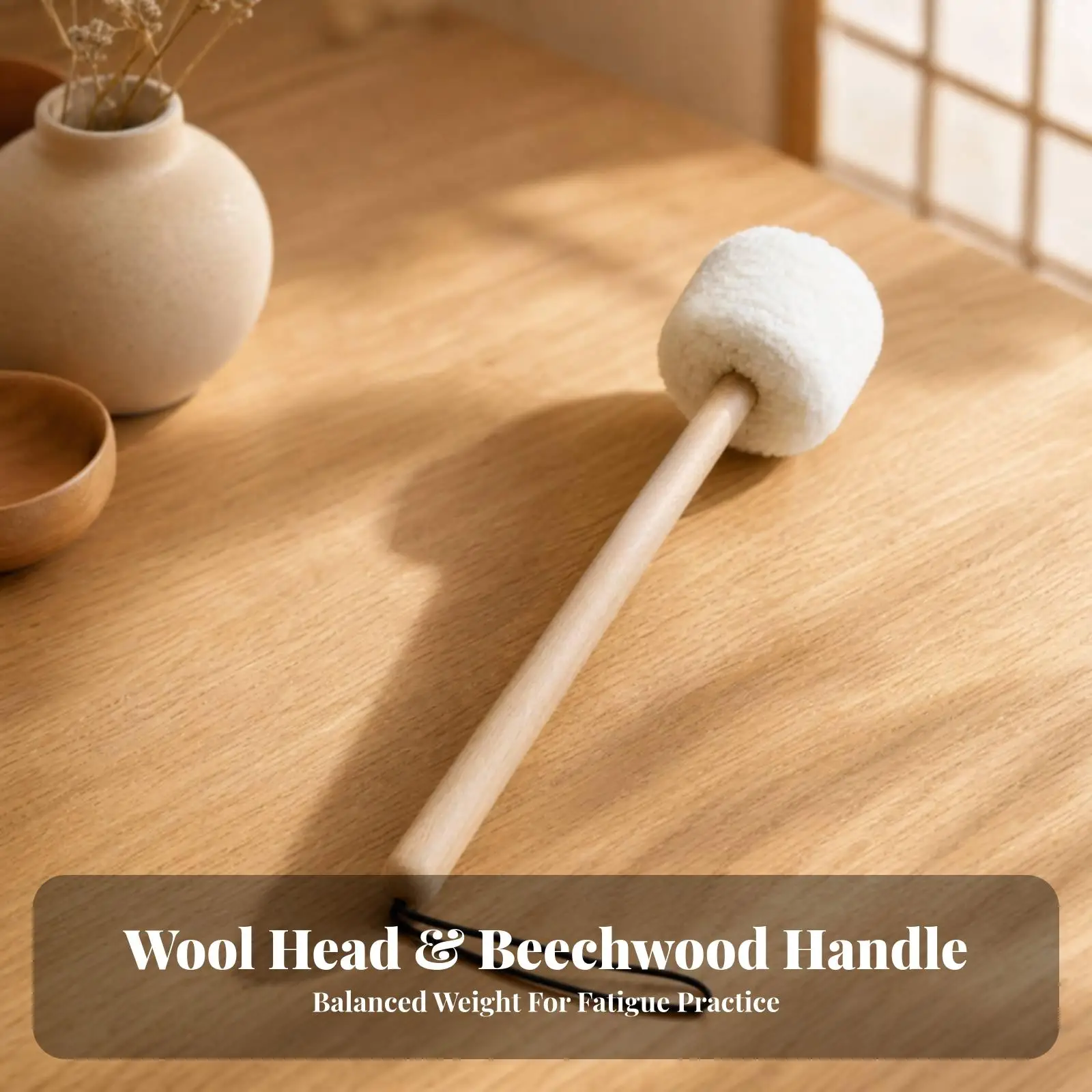 Portable Meditation Bowl Striking Mallet Beech Wood Handle Wool Felt Beater with Wrist Strap Ergonomic Design for Percussion