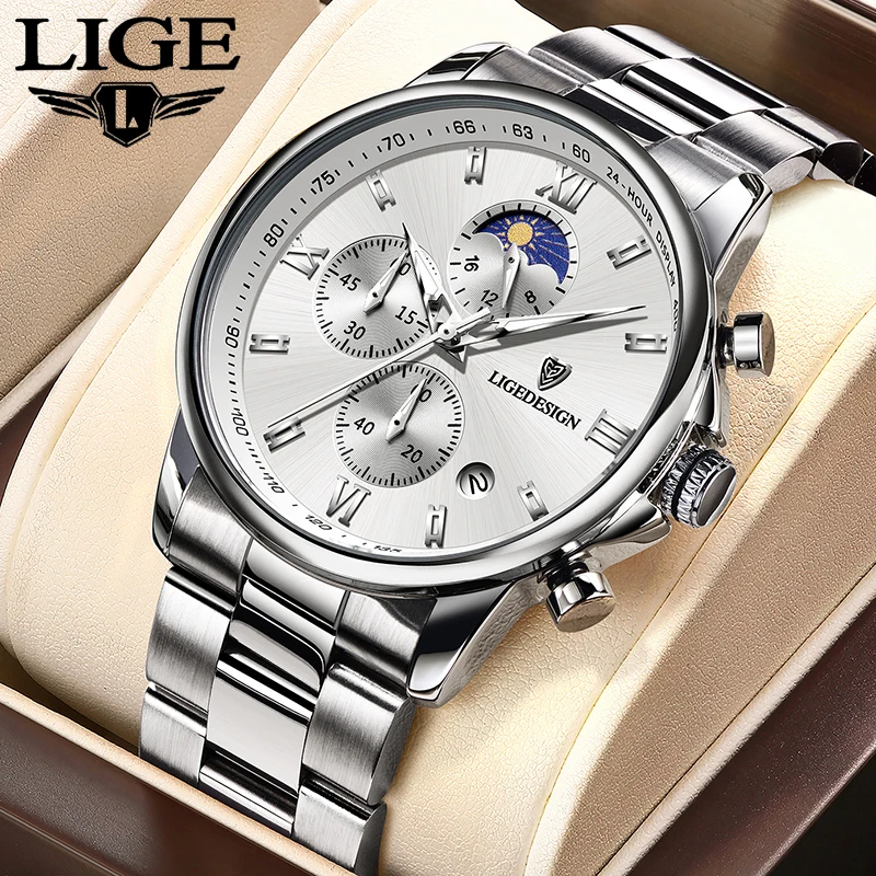 LIGE 2026 watches for men business moon phase chronograph clock calendar male watch waterproof quartz sports Man watch reloj+BOX