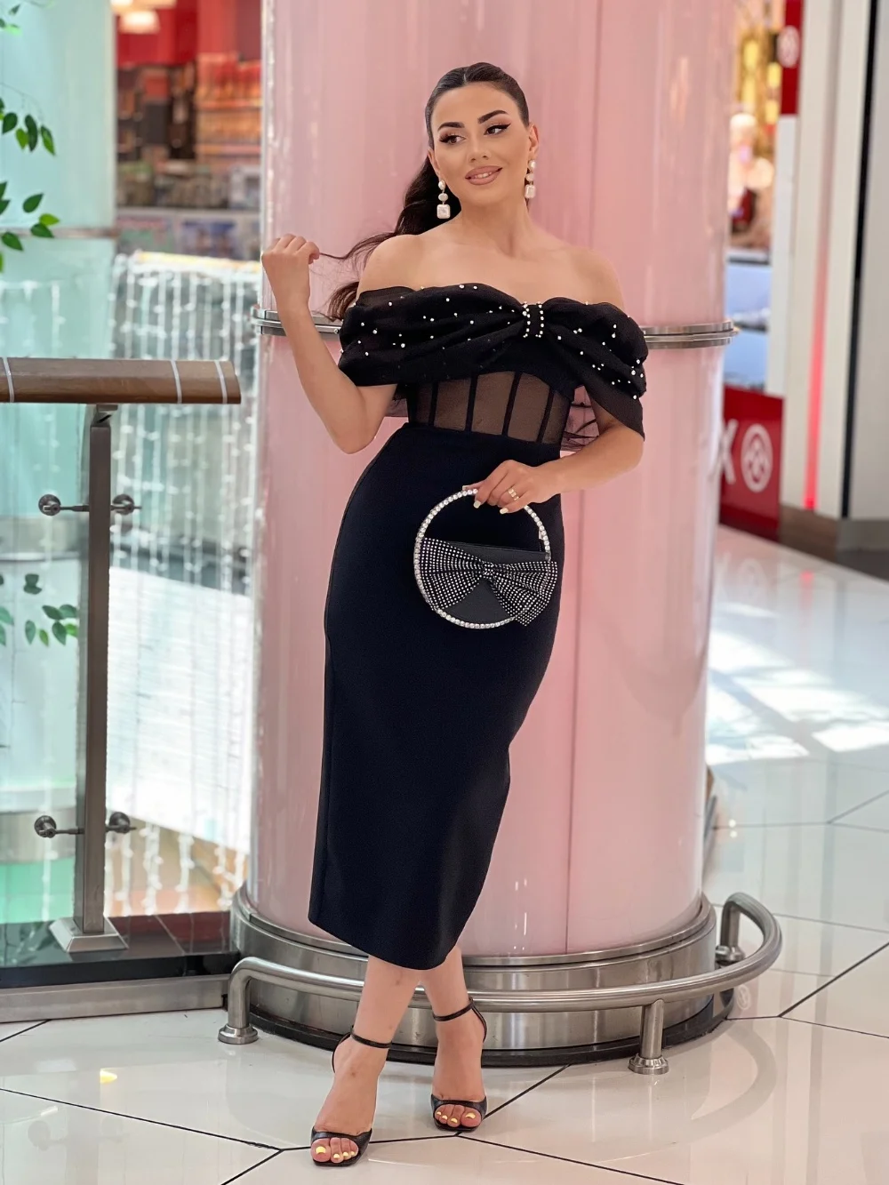 

Customized High Quality Jersey Pearl Pleat Bow Straight Off-the-shoulder Midi Dresses Cocktail Exquisite Classic Modern Style