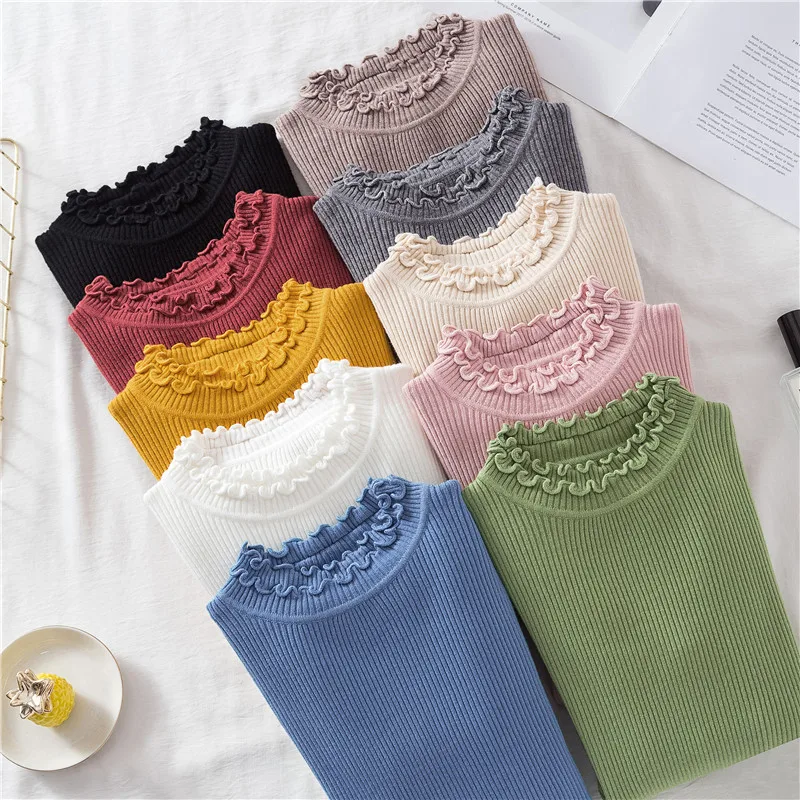 

Half Turtleneck Ruffles Women Sweaters High Elastic Slim New Autumn Winter Female Sweater Long Sleeve Knitted Pullover Tops