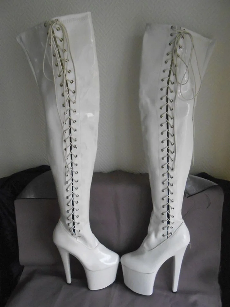 

Over-the-Knee Lace-Up Boots 20cm High Heels 8-Inch Platform for Pole Dance Motorcycle Exotic Stripper Gothic Roman Style Real Ph