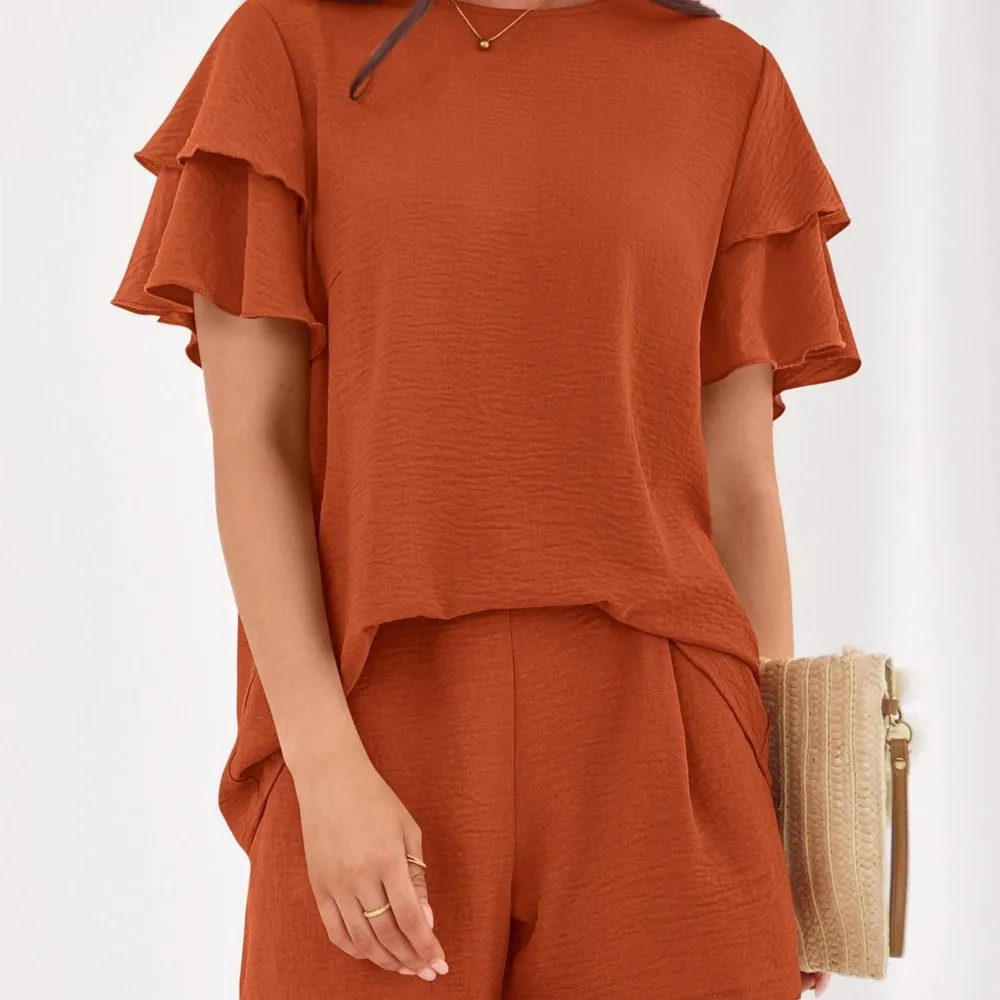 

Fashion Ruffled Short Sleeve Shorts 2-piece Set Women's Fashion Summer New Casual O Neck Solid Color T-shirt Shorts Suit Female