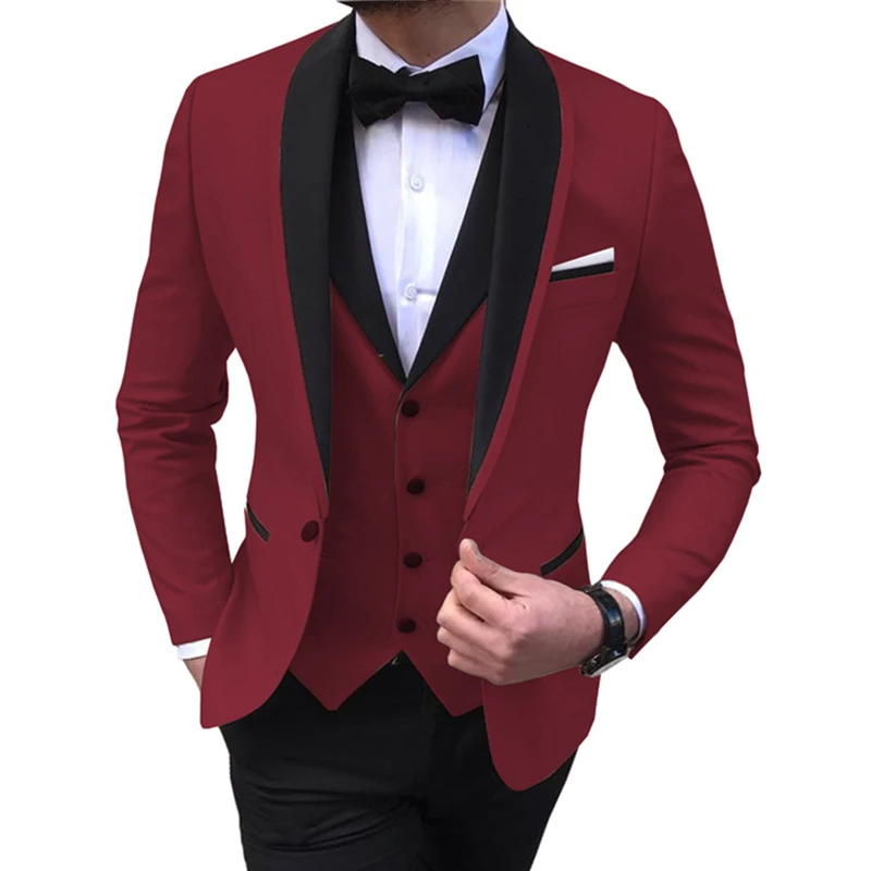 2023 Fashion New Men Business 3 Pcs Suits Set Coat Trousers / Male Slim Wedding Groomsmen Colorblock Blazers Jacket Pants Vest