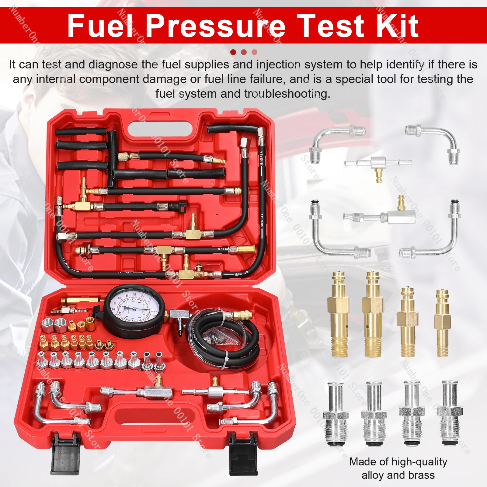 0-140PSI/0-10Bar Fuel Injection Pressure Kit Fuel Injector Pressure Tester Gauge Kit Gasoline Fuel Oil Injection Test Tool Set