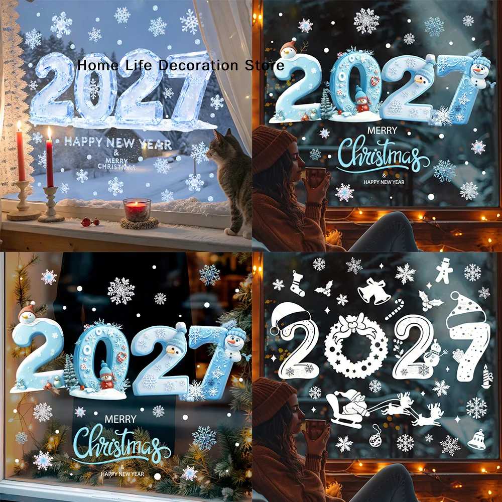 【H】2027 New Year Christmas Window Stickers Double Sided Same Color Ice Snowflake Design For Home Holiday Party Decoration