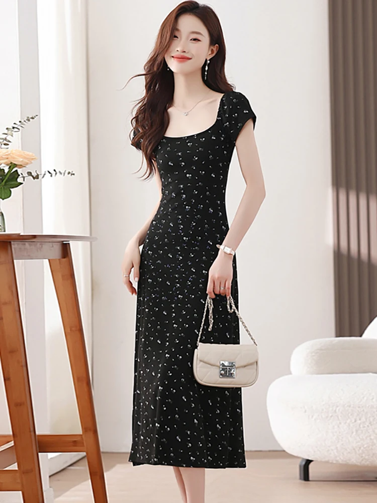 2025 Black Floral Sqaure Collar Short Sleeve Midi Dress Women Korean Vintage Hepburn Dress Summer Elegant Luxury Evening Dresses