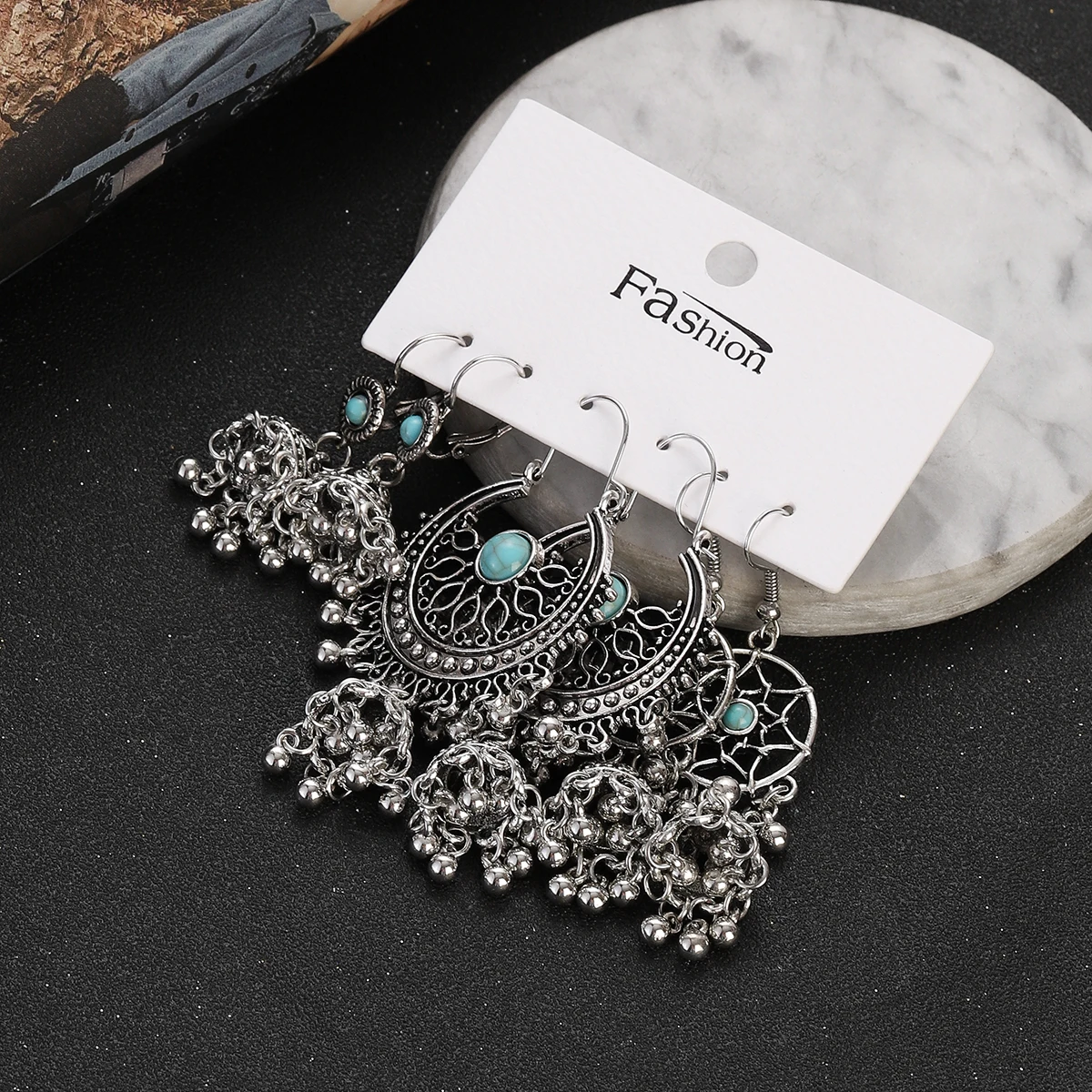 Juego de pendientes bohemios de Color plateado para mujer y niña, aretes colgantes geométricos de piedra azul Vintage, joyería Brincos de moda 2023