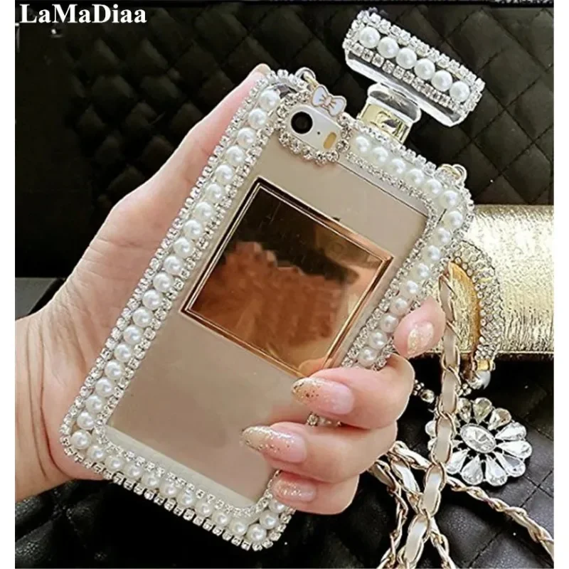 Bling Diamond Pearl Perfume Bottle Lanyard Chain, TPU Handbag Cover for Samsung S24, S20, S21S22, S23 Ultra, Note 10, 20 Case