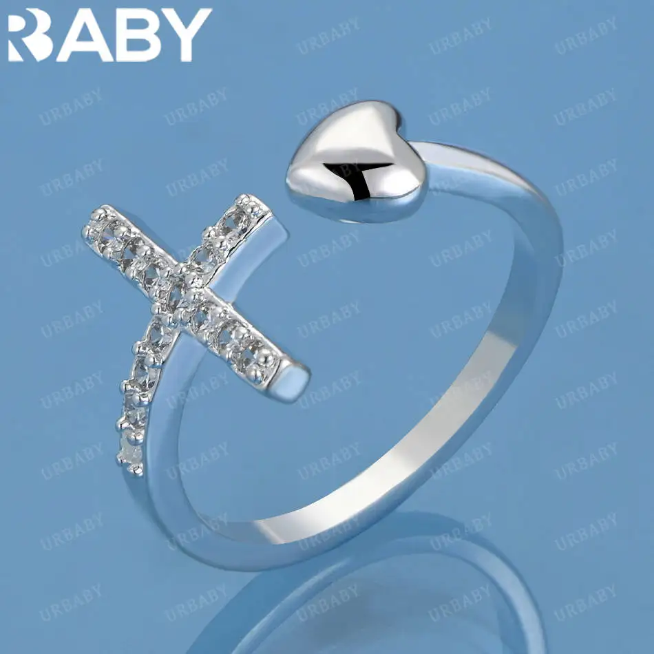 

URBABY 925 Sterling Silver Zircons Cross Heart Ring For Women Fashion Jewelry Charm Grace Wedding Engagement Accessories