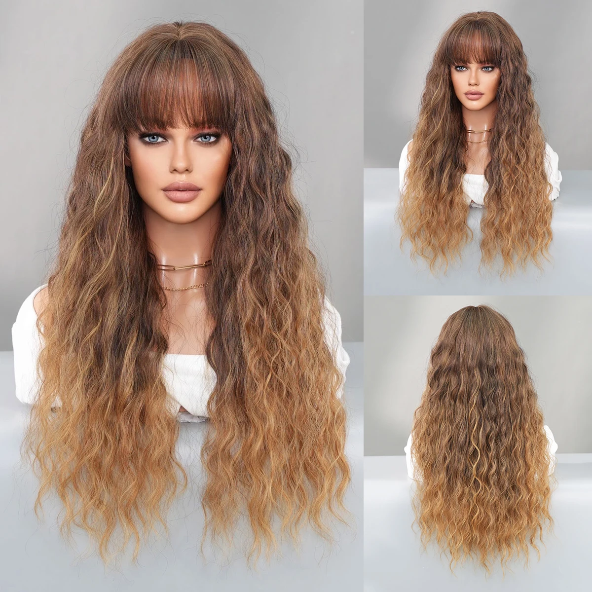 

PARK YUN Long Loose Curly Wave Cool Brown Wigs with Bangs High Density Synthetic Gradient blonde Hair Wigs for Women Daily Use