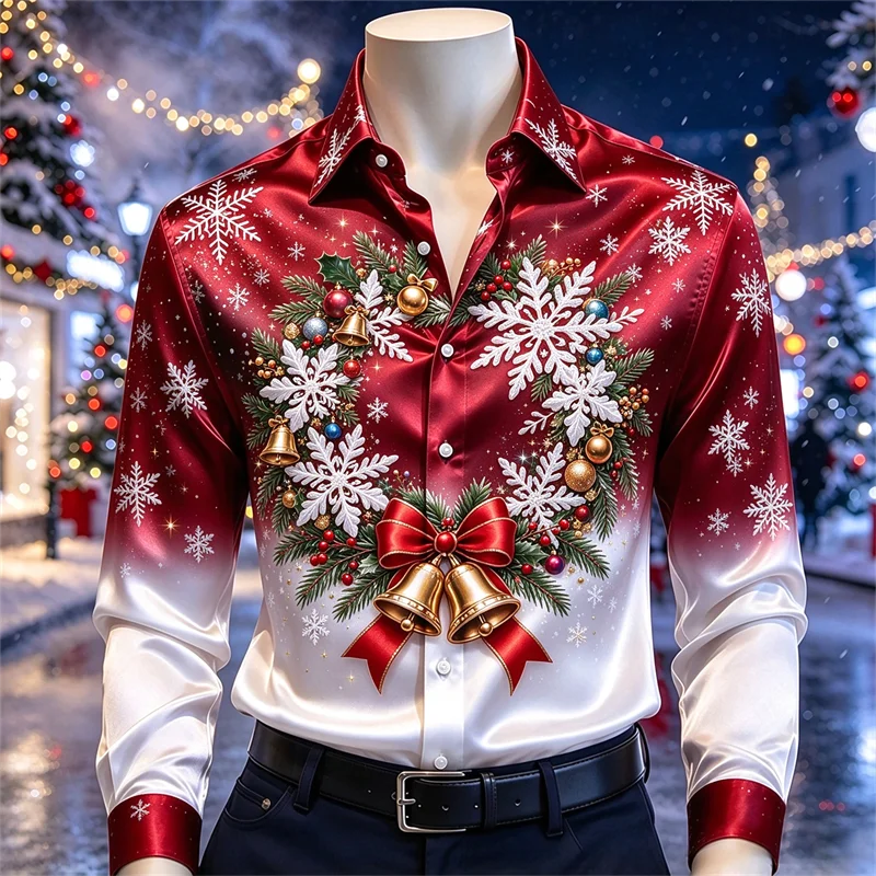 New men's shirt with green, white, Christmas wreath, snowflakes, pine branches, silver bells, red bow print shirt