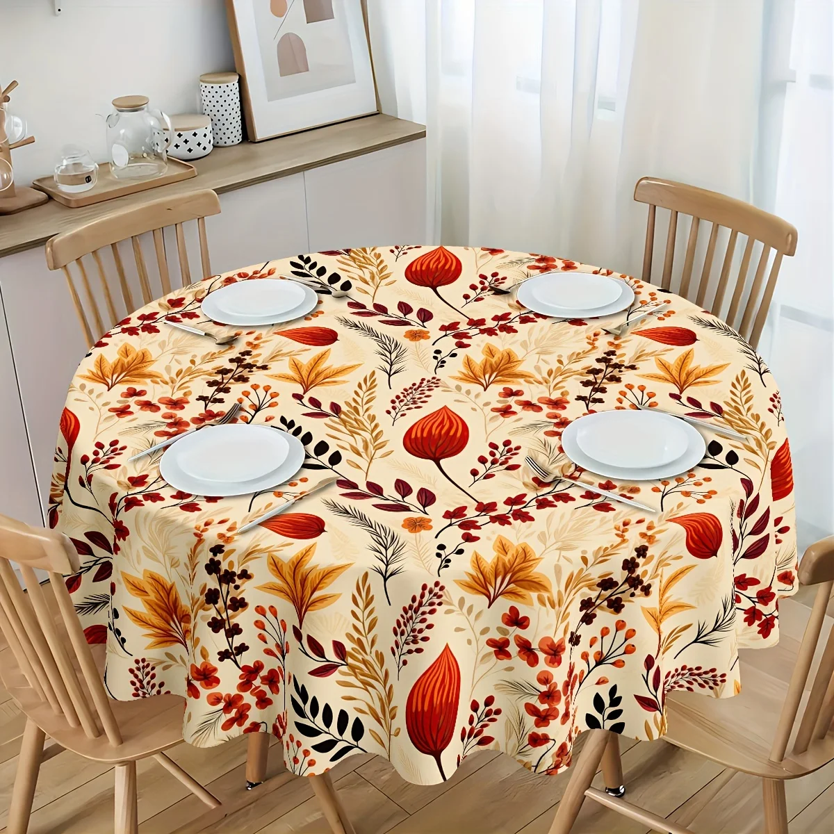 One rectangular autumn harvest tablecloth featuring an designzyc