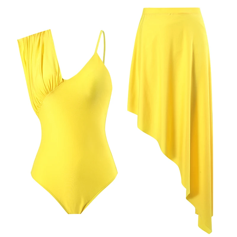 One Piece Swimsuit Women Yellow Pleated Bodysuit Fashion Holiday Bikini Set Irregular Beach Skirts Summer 2026 Swimwear