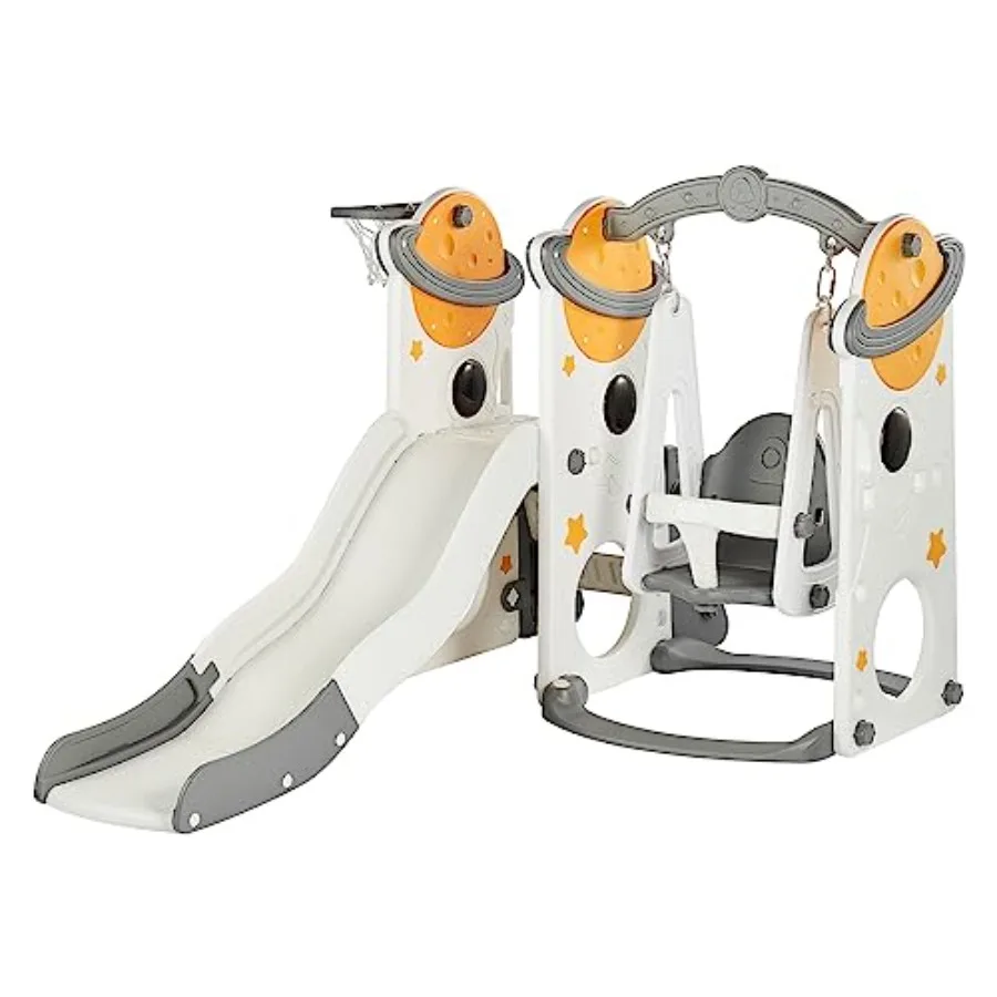 

Игровой комплекс 4-в-1: горка и качели, идеально подходят для детей от 1 до 6 лет, для игр в помещении и на улице, с баскетбольным кольцом и скалодромом.