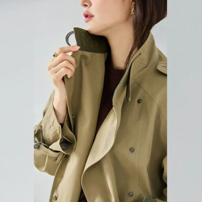 

Khaki Short Trench Coats Women Autumn Belt Loose Anti-wrinkle Velvet Leather Handsome Stand Collar Windbreaker Jacket Epaulettes