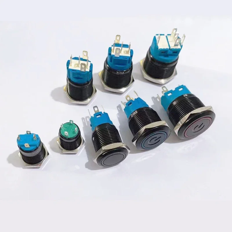 Black Push Button Switch 12/16/19/22mm Waterproof illuminated Led Light Metal Flat Momentary Switches with power mark 5V 12V 24V