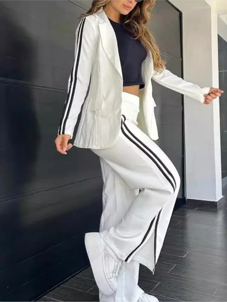 Autumn Winter New Women\'s Casual Lapel Suit Fashion Splicing Stripes Wide Leg Pant 2024 Female Suit Elegant Office Two-piece Set