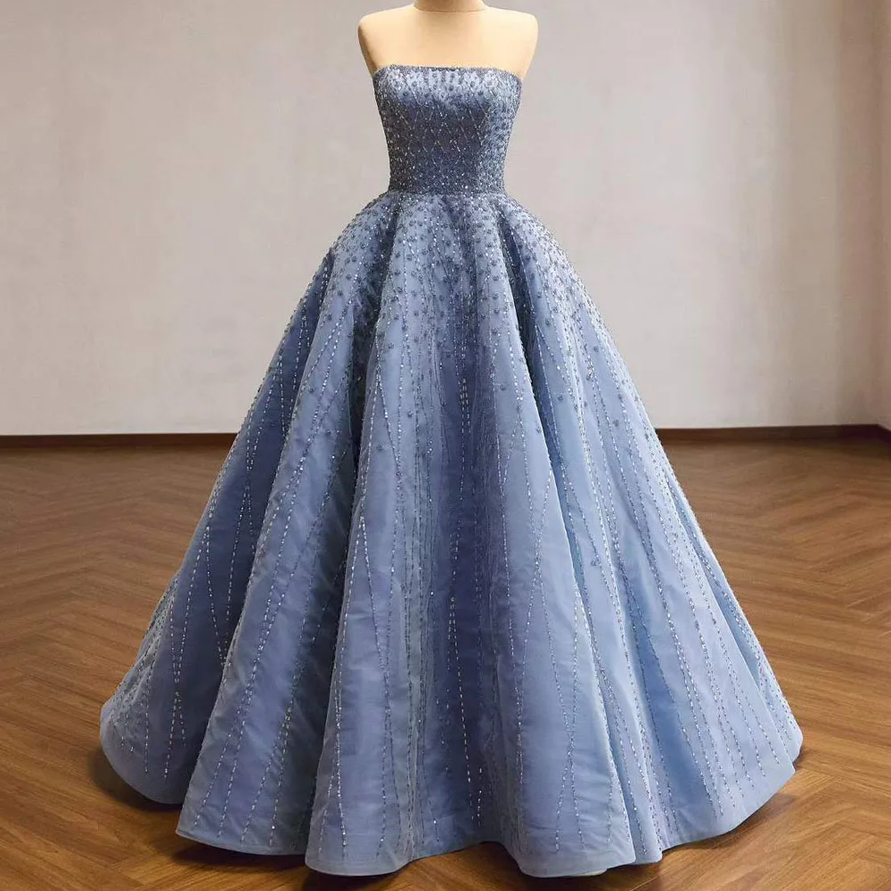 Royal Blue Evening Dress Strapless Sleeveless Sequined Beading Lace Up Back Customized Charming Prom Dress