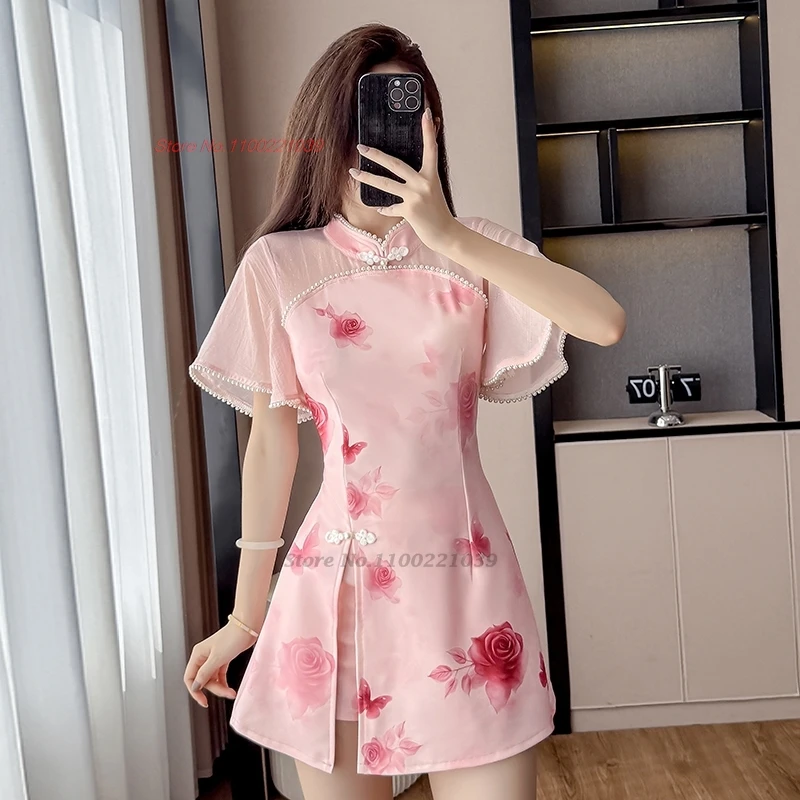 

2025 chinese sexy nightclub dress banquet qipao national flower print cheongsam dress+shorts oriental hotel spa work dress qipao