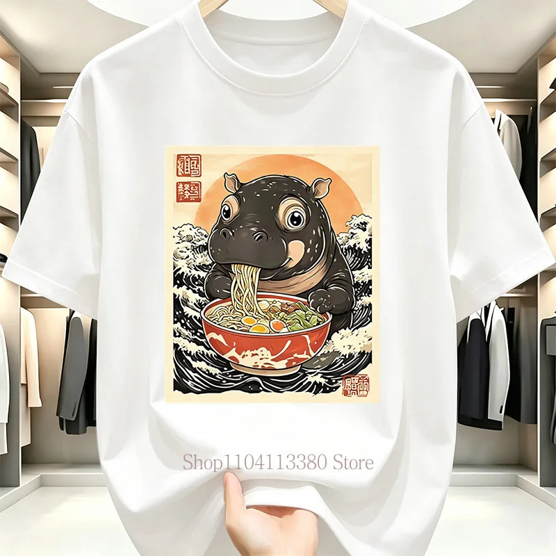 Hippo Eating Ramen T-shirts for Women Summer Casual Fashion Japanese Style High Street Tops Crew Neck Short Sleeve T-shirts