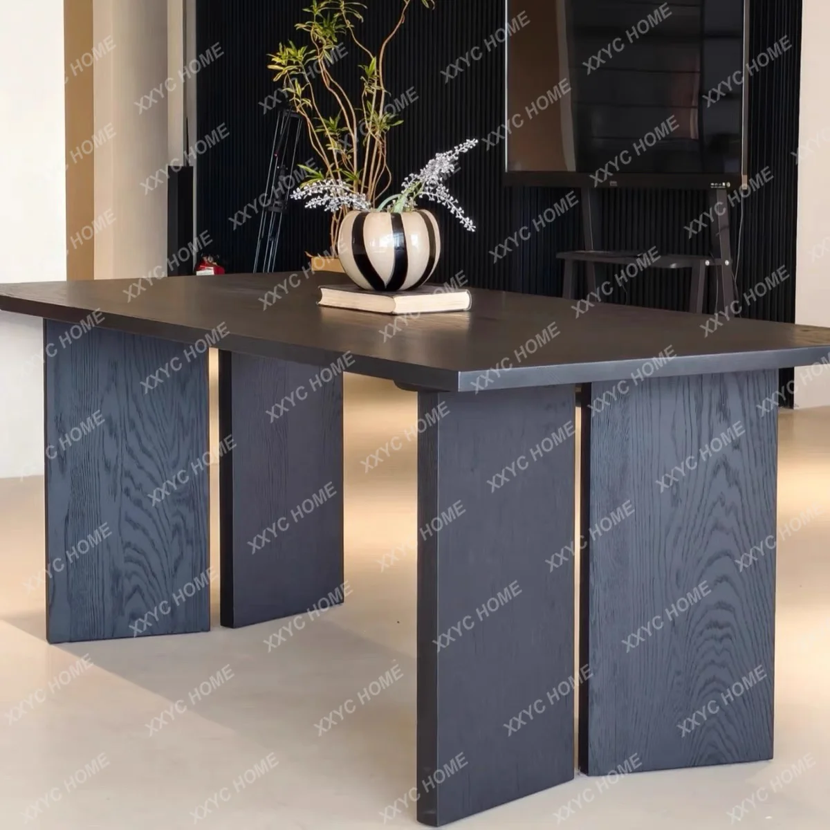 

Minimalist log large board table black desk household oak simple solid wood tea table