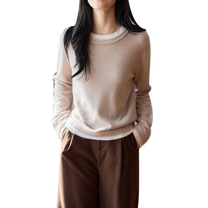 

Новый женский вязаный пуловер из 100% чистой шерсти, ложный двухсекционный свитер с двойными манжетами и круглым вырезом, с длинными рукавами, базовые свободные топы высокого качества