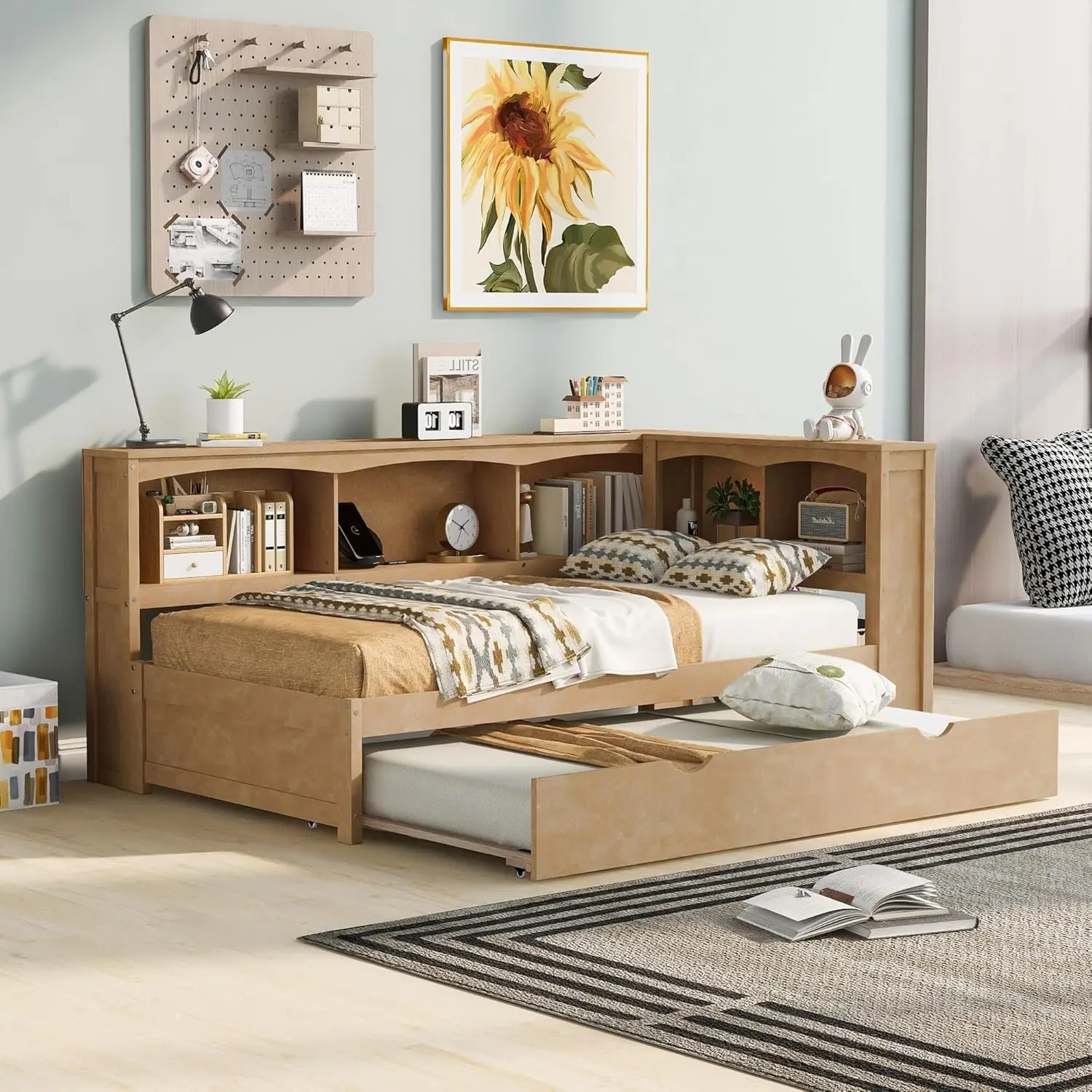 Daybed kayu ukuran ganda dengan Trundle, Daybed dengan lemari penyimpanan dan port Usb, Daybed untuk anak-anak, anak laki-laki dan perempuan (kayu)