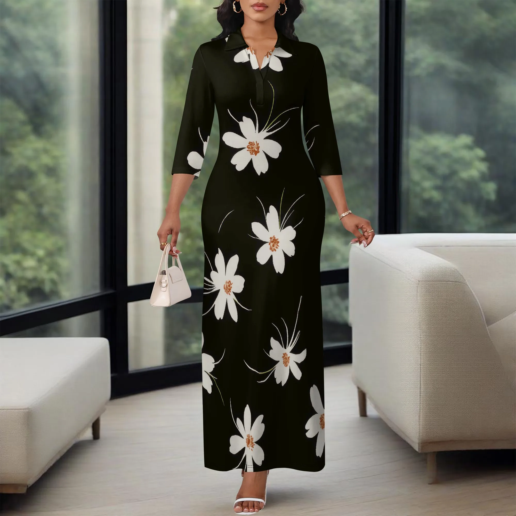 Abito lungo da donna Kawaii a maniche lunghe estivo con fiori piccoli. Abito girocollo ampio