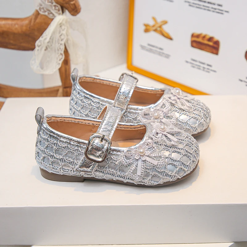 Girls Mary Jane Flats Toddler Little Kids Lace Pearl Bow Buckle‑Strap Soft Non‑Slip Sole Princess Dress Daily Casual Footwear