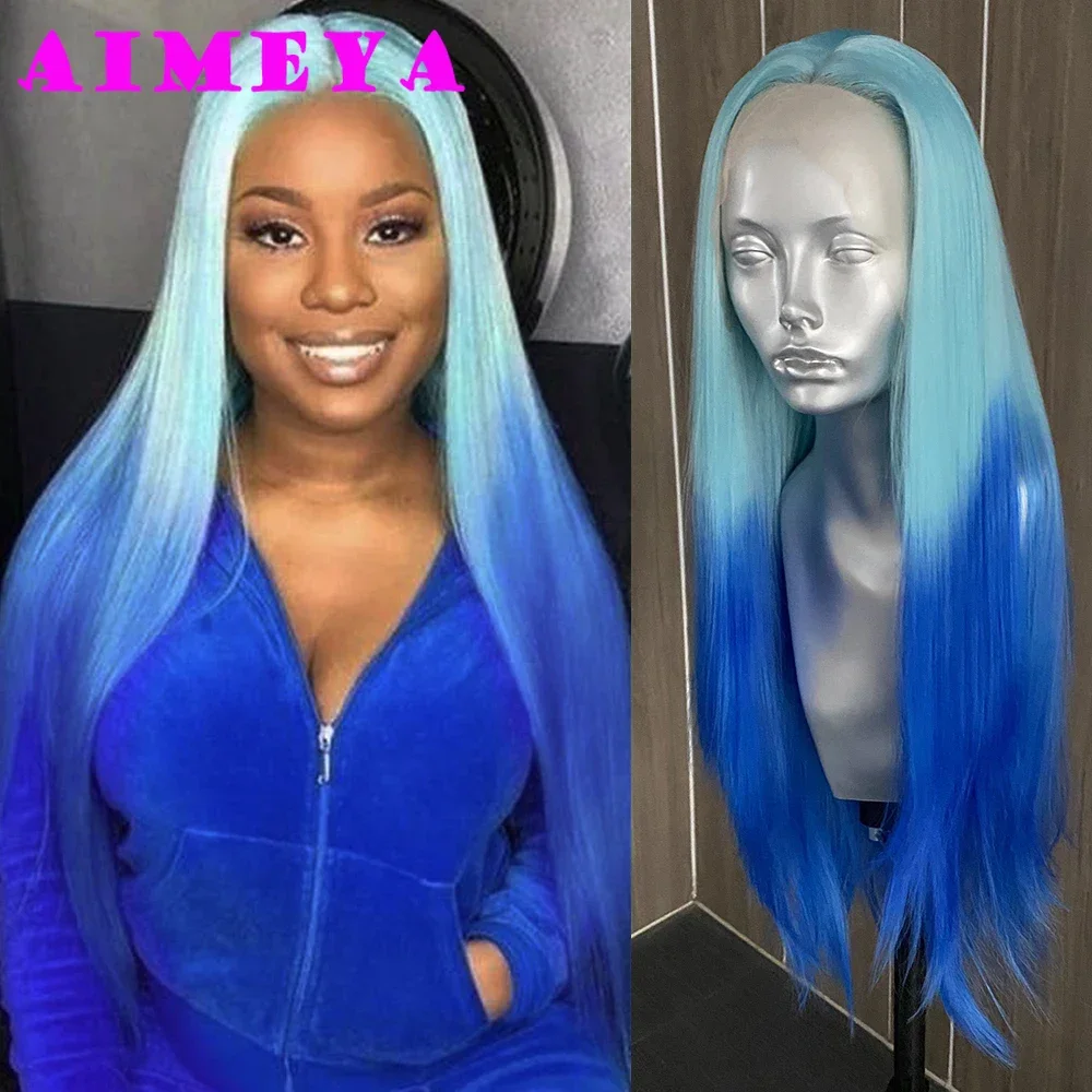 

AIMEYA Ombre Синий Парик Цветные Парики Фронта Шнурка для Женщин Длинные Шелковистые Прямые Синтетические Волосы Термостойкие Парик Для Ежедневного Использования Косплей
