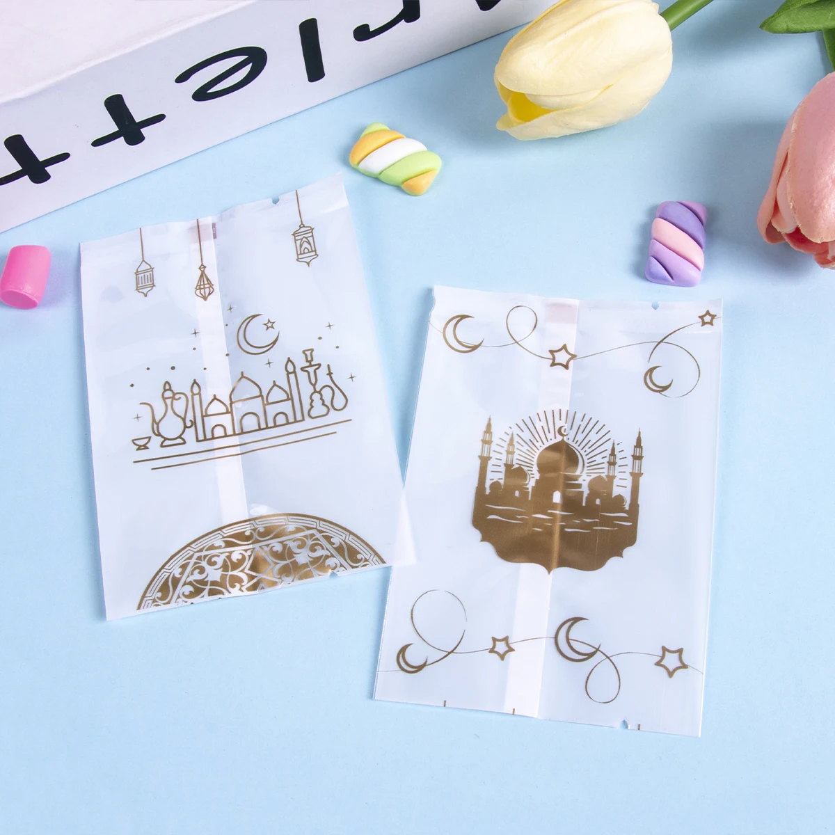 100Pcs Ramadan Cookie Bags Hot Seal Nougat Candy Baking Packaging Bag 2025 Eid Mubarak Decorations Islamic Muslim Party Supplies