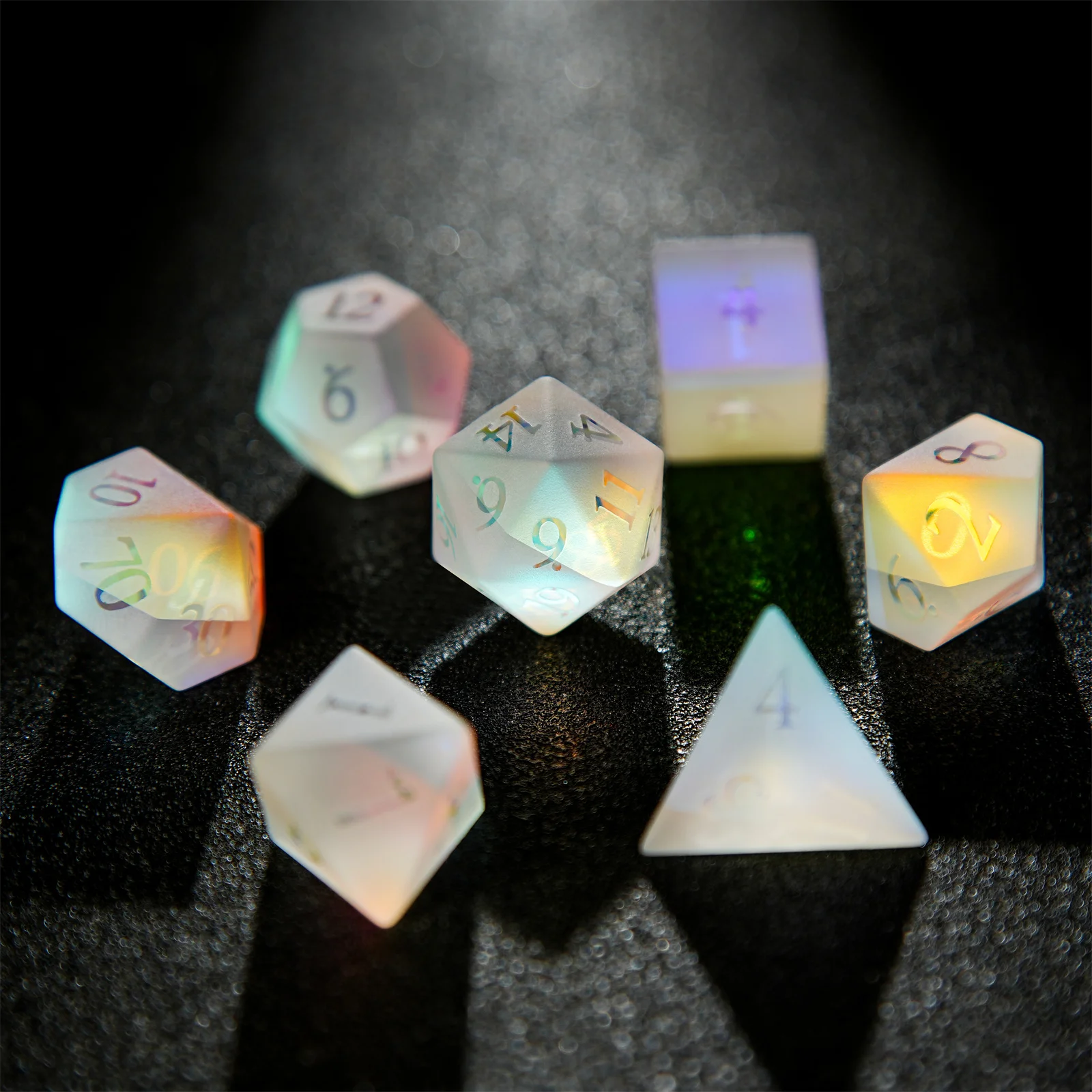 

7Pcs DND Colorful Froste Gemstone Dice Set Convex Word Dice Multi-sided Polyhedral Dice for D&D Game COC Role Playing RPG Table