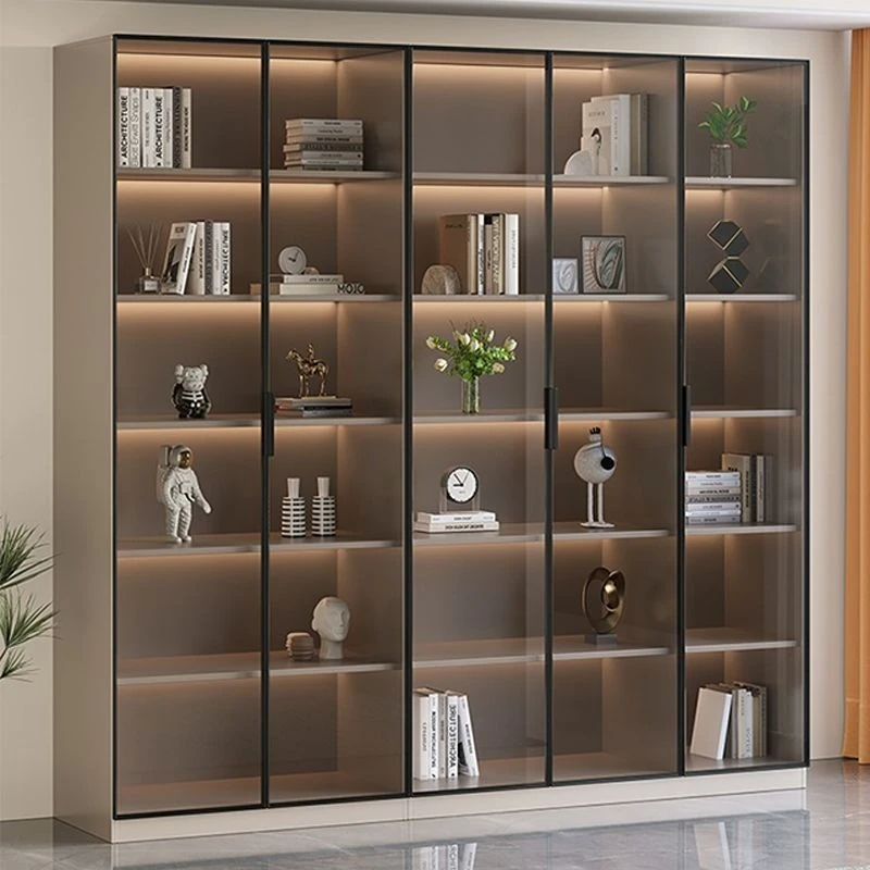 New Chinese bookcase Light luxury high-end wine cabinet with glass door Figure display cabinet Whole wall bookshelf