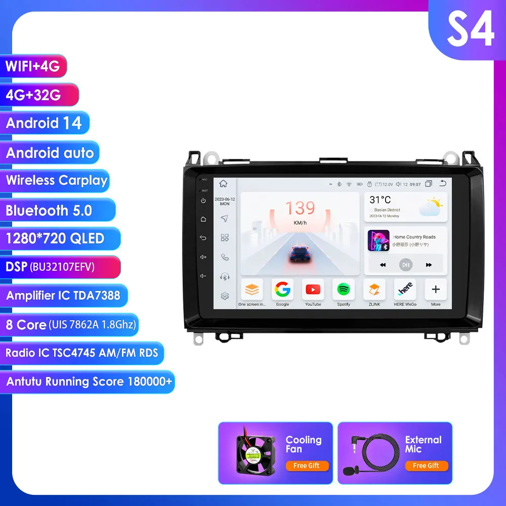 Hizpo 9" Android autoradio voor Mercedes Benz W169 W245 B200 W906 B906 Sprinter W639 Vito, draadloze CarPlay, Android Auto, GPS-navigatie, multimedia-speler, IPS-scherm, stereo, WiFi, 4G, Bluetooth,