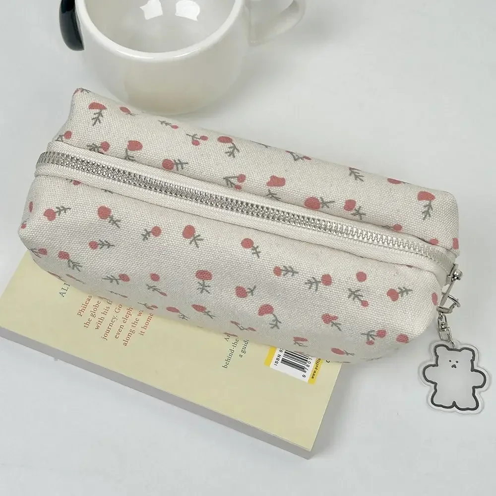 1 Pcs Cartoon Cute INS Floral Pen Bag Student Canvas Stationery Bag Large Capacity Pencil Case Stationery Organizer Pen Box Gift image 4
