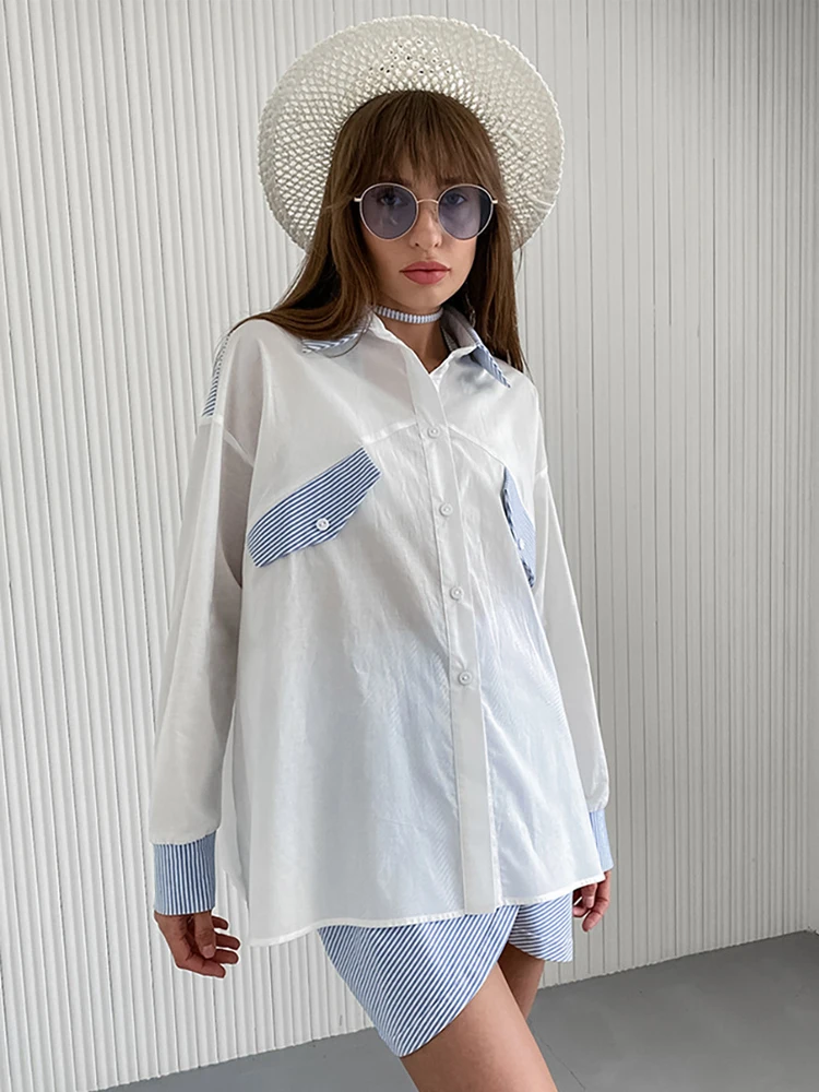 

Zadily Women's White Blue Striped Shirt Patchwork Turn-Down Collar Oversized Long Sleeve Casual 2025 Fall Work Blouse Clothing