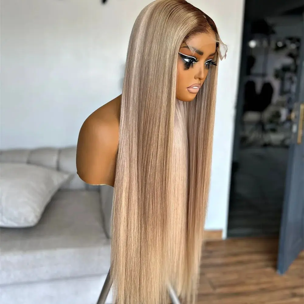 Ashy Highlights Blonde Lace Front Wig Pre Plucked Dark Roots Synthetic Lace Front Wig Wear&Go Glueless Straight Wigs for Women