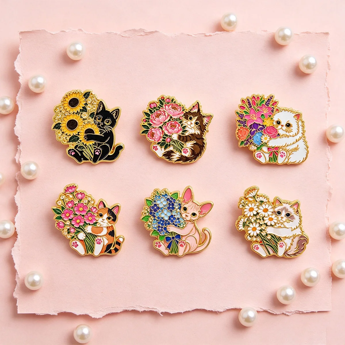 12-teiliges Set Blumenstrauß-Katzen-Emaille-Pins, Bunte Gemischte Katzen-Broschen für Rucksäcke, Kleidung, Schmuck, Geschenk für Tierliebhaber – Detail 2