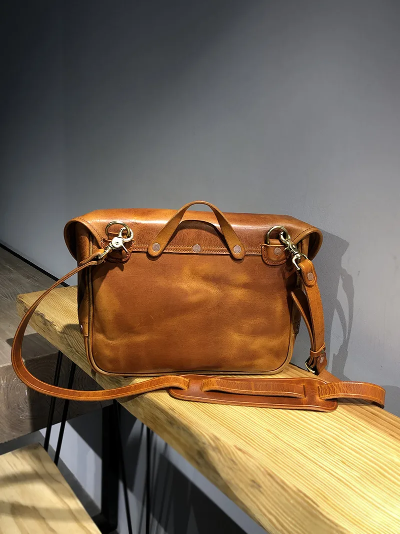 Retro fashion luxury organizer natural genuine leather men handbag daily outdoor work weekend travel shoulder messenger bag male