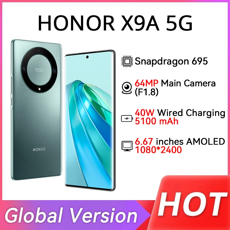 Global Version HONOR X9a 5G Mobile Phone 6.67” AMOLED 120Hz Display 64MP Triple Camera Snapdragon 695 Battery 5100mAh NFC