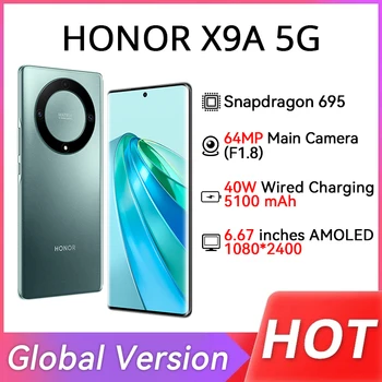 글로벌 버전 HONOR X9a 5G 휴대폰, 6.67 인치 AMOLED 120Hz 디스플레이, 64MP 트리플 카메라, 스냅드래곤 695 배터리, 5100mAh NFC 