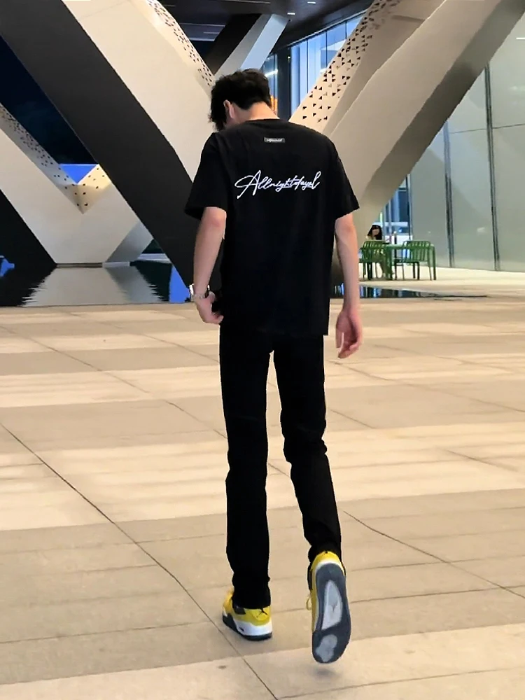 

American Vibe Pure Bla Men's Summer Thin Straight Leg Jeans Faionable Slim Fit Micro Flared Pants Casual High Waist Zippe...